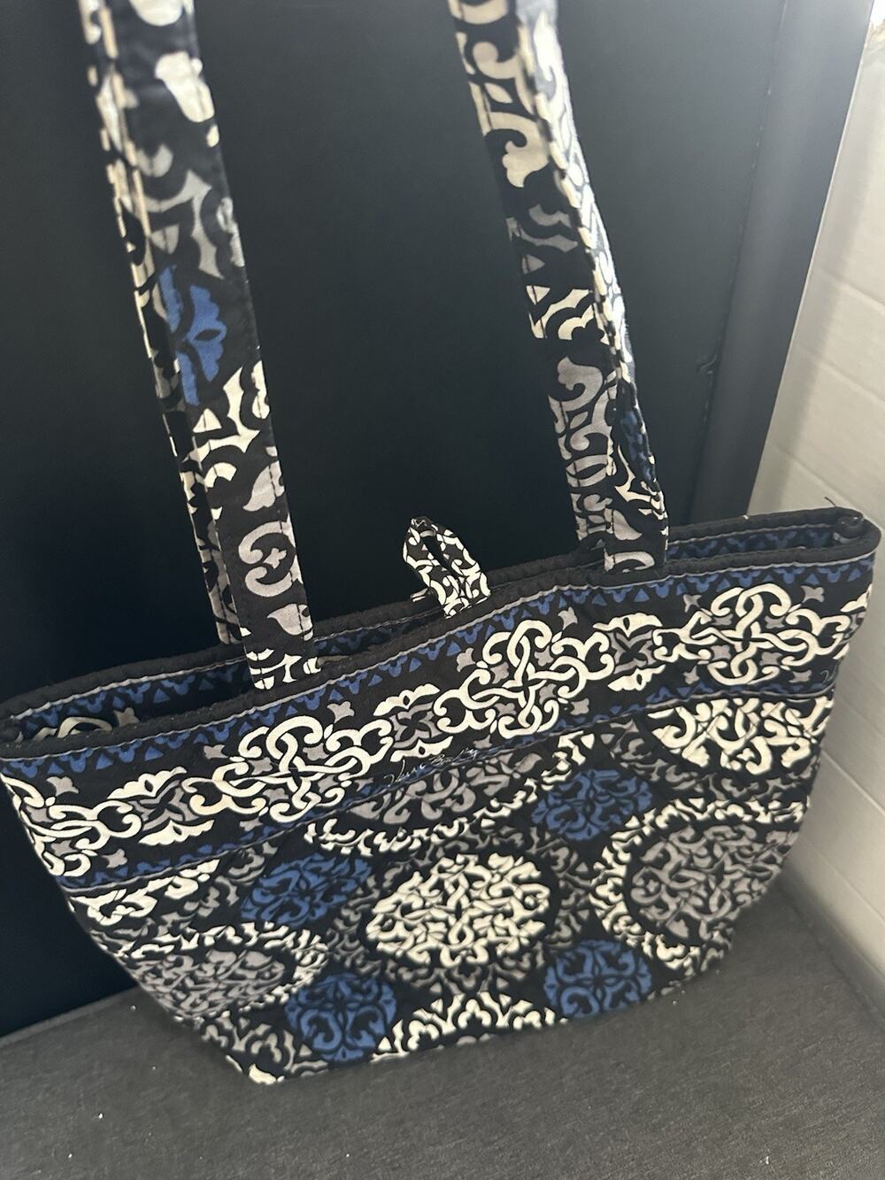 Vera Bradley Quilted Tote Bag Black Blue White Shoulder Purse Retired Pattern